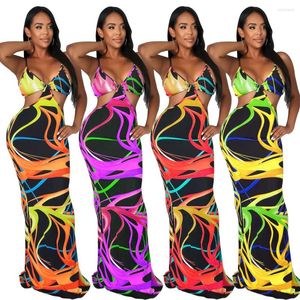 Casual jurken zomer sexy vrouwen lange jurk hoge taille v-neck open rug mouwloze vakantie strand sling print gewaden