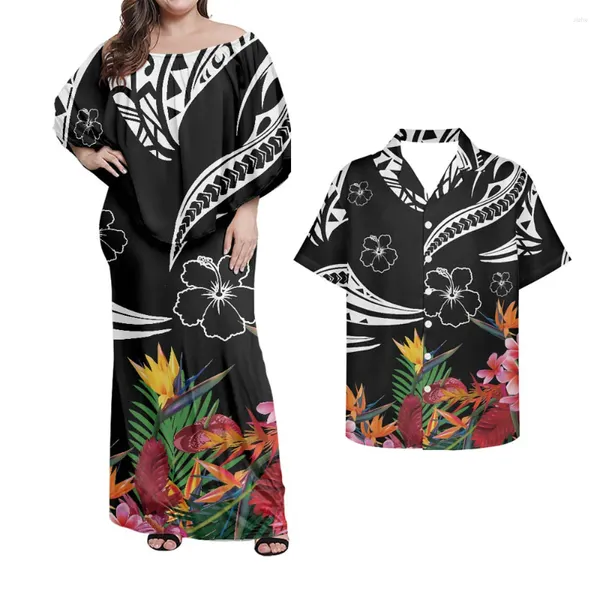 Robes décontractées Été manches courtes femmes robe longue rétro motif tribal polynésien sexy épaule moulante et hommes chemises hawaïennes