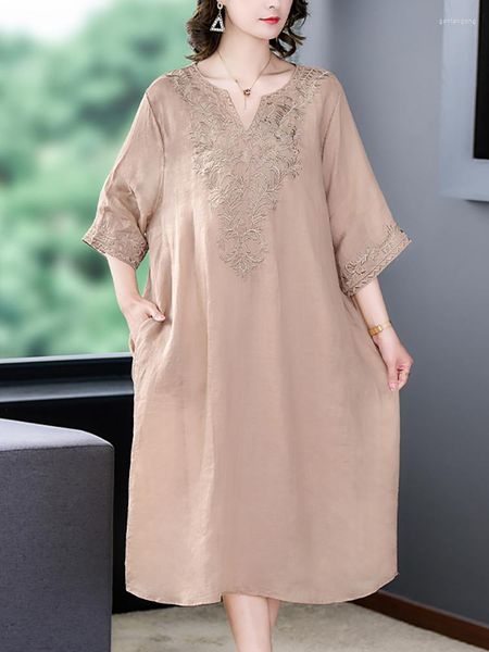 Robes décontractées été soie Chic broderie florale longue robe femmes élégant luxe fête soirée 2023 coréen Vintage en vrac