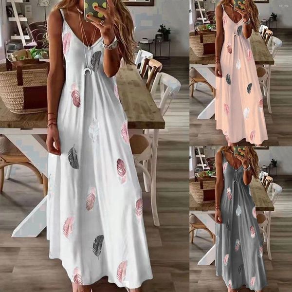 Robes décontractées Été Sling Sundress Sexy Sans Manches Col V Plume Imprimer Maxi Robe Style Français High Street Big Swing Robes