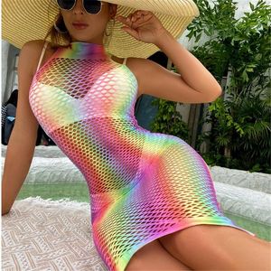 Casual jurken Summer Slips Women Mesh Net Hollow Out kleurrijke sexy intieme erotische jurk