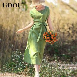 Casual jurken zomer vierkante color massief katoenen linnen eenvoudig losse casual verband taille midi jurk dames groen comfortabel elegant gewaad 230321