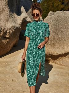 Casual jurken zomer zoete Koreaanse groene chiffon bloemen strand midi jurk dames ruches nek hoge taille a-line fee lange rokvakantie vakantie