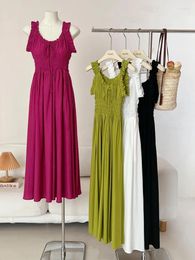 Robes décontractées été doux manches femmes plage robe de soirée plissée vintage spaghetti sangle a-ligne femme maxi vêtements