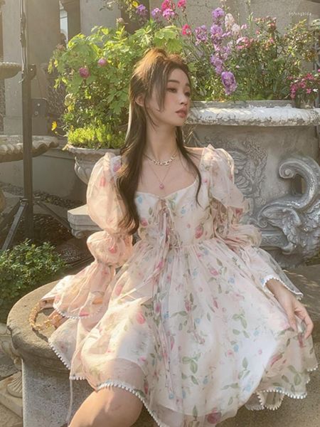 Vestidos casuales de verano dulce cuello cuadrado Floral vestido de gasa mujeres elegante manga larga volantes fiesta Mini mujer coreana Chic Vestidos