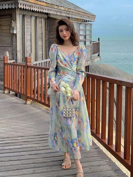 Vestidos casuales verano dulce cuello en V estampado Floral Boho vestido mujer elegante manga larga volantes fiesta mujer coreana Chic Vestidos sueltos