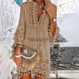 Robes décontractées Summer Tassel Boho Robe Femme V Neck Sept manches en vrac Plage Femme Femme Fêtes Bohemian Chic Robes courtes K0316