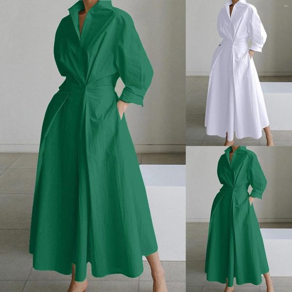 Robes décontractées Été V Cou Maxi Robe Mode À Manches Longues Poche Chemise Élégante Dames Couleur Solide Surdimensionné Maternité