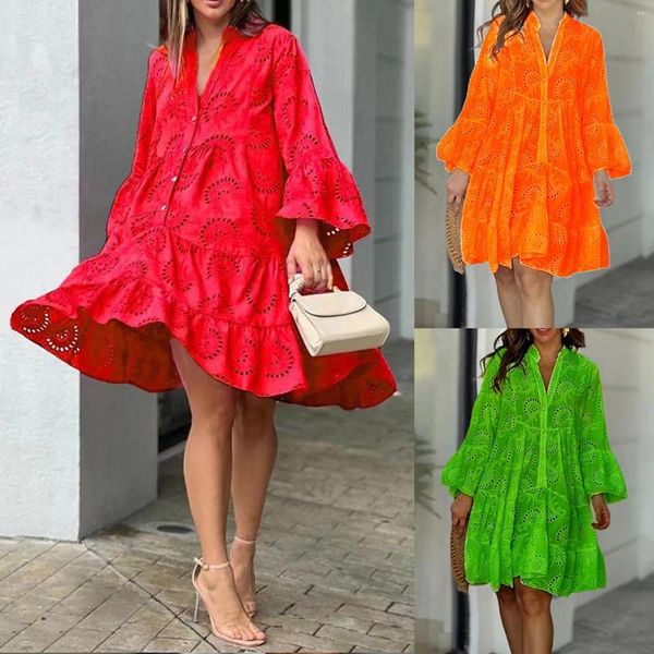 Vestidos casuales Verano V Cuello Color Sólido Vestido Suelto Bordado Encaje Boho Maxi Manga Larga Algodón Para Mujeres Elegante Robe