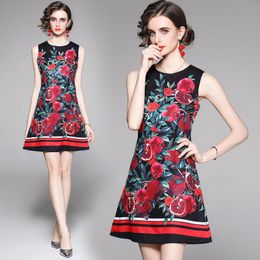 Casual Jurken Zomer Vintage Granaatappel Bloemen Gestreepte Print Ronde Hals Mouwloos Dames Dames Feestavond Mini Vest Shift Jurk