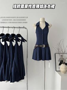 Robes décontractées d'été vintage sans manches mini robe femme coréen mode polo collier office dame aesthes frocs with belt gyaru streetwear