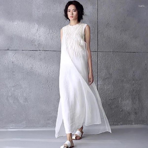 Robes décontractées d'été coton blanc lin long robe maxi femme vintage mori girl brocherie sans manches