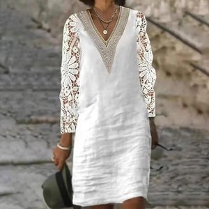 Robes décontractées été blanc pour les femmes Vintage coton lin évider dentelle Boho Robe dames à manches longues plage a-ligne Robe de soirée