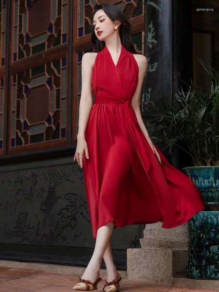 Vestidos casuales Mujer rojo Red Long Dress Bohemian Chiffon Halter Halter Party Fiest Vestido Festa Robe Rouge Femme