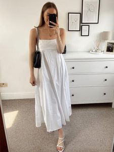 Casual jurken Summer Women 2023 Empire Taille Cotton Witte Midi Jurk Back Smocked Panel Mouwloze Spaghetti Strap Party Dresscasual