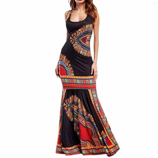 Vestidos casuales Verano Mujer Boho Floral Impreso Sin mangas Delgado Bodycon Vestido de fiesta Estilo africano Dashiki Largo Maxi Sundress # G5