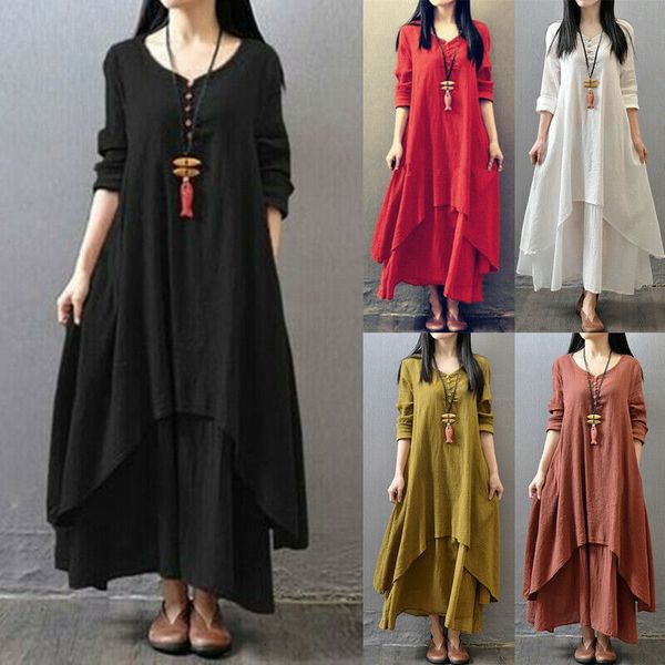 Vestidos casuales verano mujeres boho vintage kaftan suelto gitano maxi falso dos piezas literaria irregular gran swing robe 230216