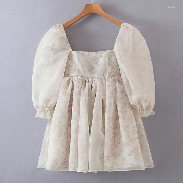 Robes Décontractées D'été Femmes Les Deux Côtés Portent Imprimé Floral En Mousseline De Soie Robe En Organza Sexy Col Carré Manches Bouffantes Fête De Vacances Robe Courte