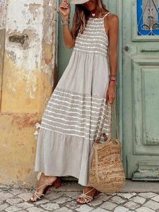 Casual jurken zomer vrouwen casual losse longstrandjurken vintage gestreepte print patchwork maxi jurk vrouwelijke elegante mouwloze riemen jurk 230512