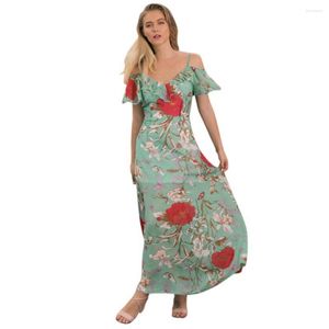 Vestidos casuales Verano Mujer Gasa Vestido con estampado de flores Manga corta Elegante Sling Largo para damas Vertidos A1