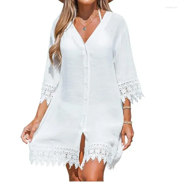 Robes décontractées Été Femmes Robe Lâche Col V Creux Out Demi-manches Bureau Plage Dentelle Robes Blanc