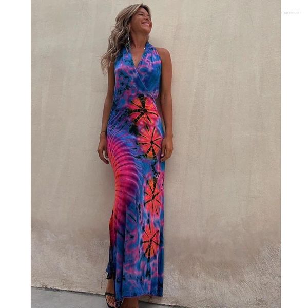 Vestidos casuales verano mujeres elegante impresión vestido bohemio moda sin mangas cintura alta corsé halter vacaciones largo maxi streetwear