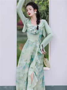 Casual Jurken Zomer Vrouwen Mode Elegante Franse Retro Fee Temperament Chique Groene Sling Kust Vakantie Feestjurk Sjaal Vrouwelijke