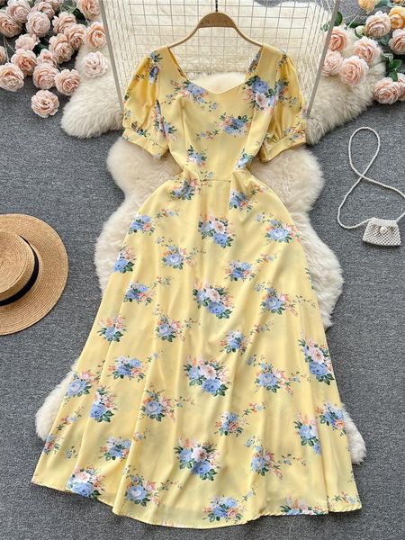 Vestidos casuales Verano Mujer Floral Midi Vestido Vintage con cuello en V Manga corta Cintura alta Línea A Azul / Amarillo / Verde / Negro Flor Impreso Túnica