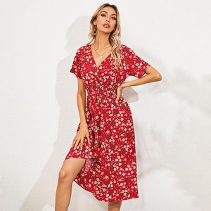 Casual jurken zomer vrouwen bloemenprint a-line chiffon jurk 2022 dames retro v-neck korte mouw strand lang gewaad vestido femmecasual