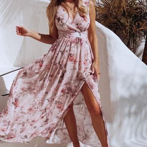 Robes décontractées été femmes imprimé fleuri fendu élégant Maxi robe 2023 fête vacances rose mousseline de soie longue plage bohème