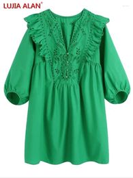 Casual Jurken Zomer Vrouwen Hollow Borduren Cascading Ruffle Jurk Vrouwelijke V-hals Lantaarn Mouw Mini Vestidos LUJIA ALAN D9681