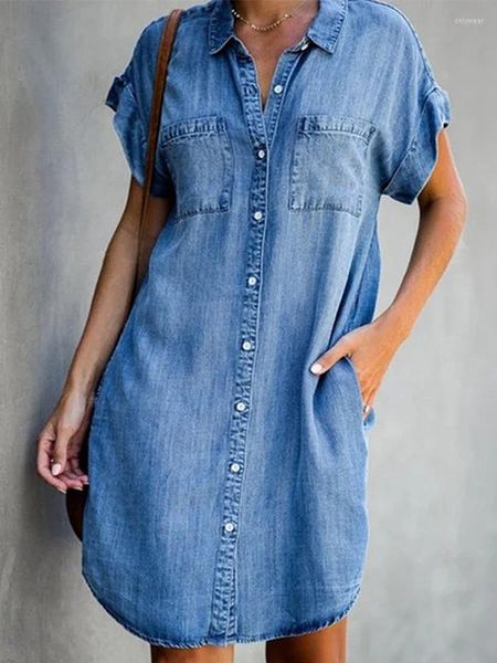 Vestidos casuales Verano Mujeres Rodilla Longitud Vestido Moda Turn Down Collar Botones de manga corta Camisa de mezclilla Mujer Tamaño grande Jean