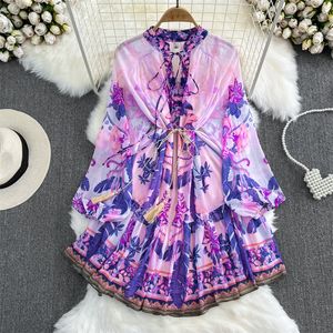 Robes décontractées Summer Femmes coréen V-Neck Lacet-up Purple Printing Robe Robe Taies avec châssis Lantern Sleeve Dames Robes en mousseline de soie vestide 2023