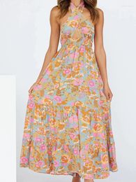 Casual Kleider Sommer Frauen Langes Kleid Boho Blumendruck Neckholder Maxi Ärmellos Rücken Weniger Strand Urlaub Sommerkleid Vestidos De Mujer