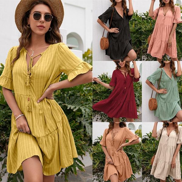 Vestidos casuales Verano Mujer Volantes Encaje Boho Mini Vestido de playa Manga tres cuartos Fiesta de damas Y2k Robe Longue Femme Vestido MujerCasual