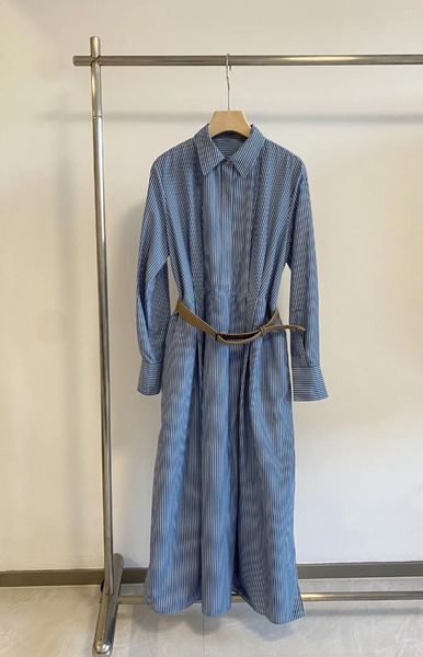 Robes décontractées Blouses pour femmes d'été Robe bleue rayée longue sans manches femme BC belle jupe en soie mélangée en coton une pièce