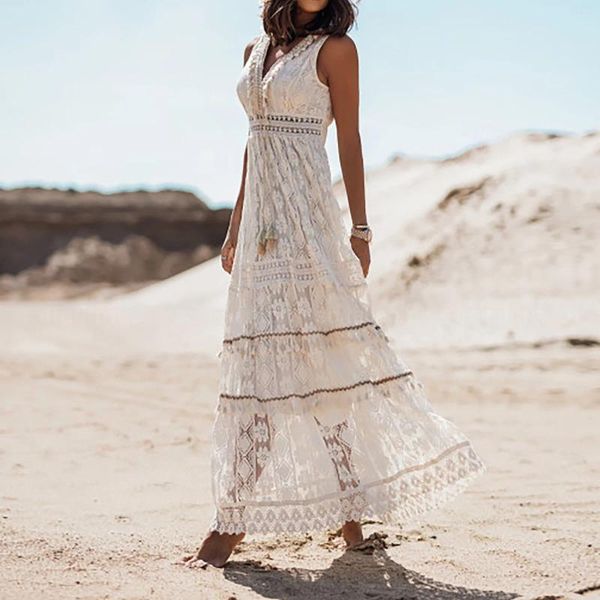 Vestidos casuales Verano de las mujeres bohemias vacaciones encaje sin mangas vestido largo blanco ahueca hacia fuera bordado vestido de verano elegante fiesta de noche batas