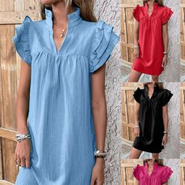 Vestidos casuales ropa para mujeres de verano moda elegante sudor suelto de color sólido pliegues en cuello de manga corta cadera y2k vestido