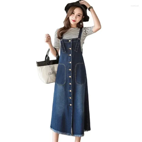 Robes décontractées Summer Femmes Denim Robe Sundress Lâche Femme Solide Bouton Sangle réglable Jeans Bleu Globalement