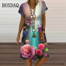 Vestidos casuales Vestido de mujer de verano para vintage 3D Estampado de flores Una línea de manga corta con cuello en V Ropa de mujer de gran tamaño Vestidos