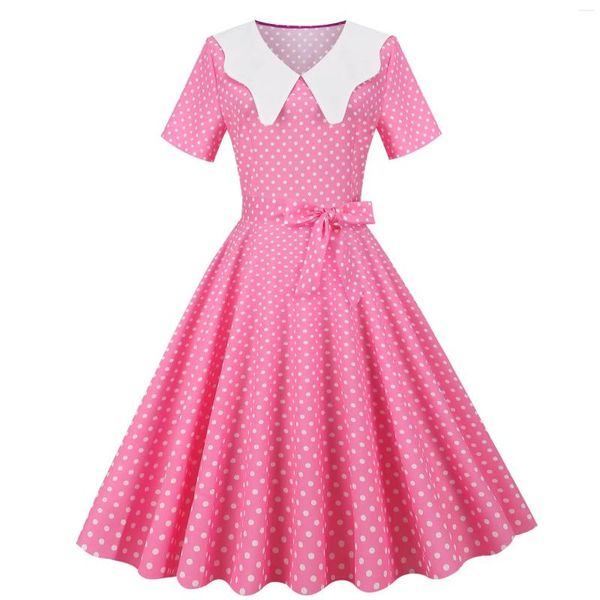 Robes décontractées Été Femmes Mode Hepburn V-Col V-Col Polka Dot Robe imprimée Rétro Élégant Manches courtes Grande ceinture de fête Swing