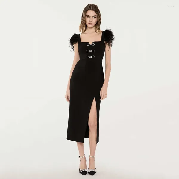 Vestidos informales Verano Mujer Sexy Negro Sin mangas Cuello cuadrado Pluma Arco Split 2024 Vendaje Midi Bodycon Celebrity Party Vestido de noche