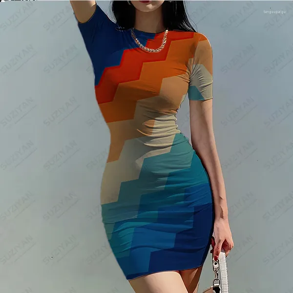 Vestidos informales Vestido ajustado con cuello en O para mujer de verano Falda de manga ultra corta Chica picante Patrón de impresión 3D Europeo y americano Grande Sexy