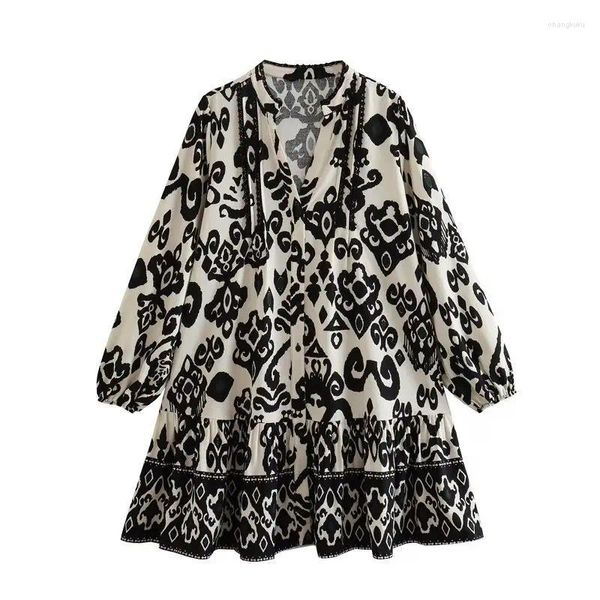 Vestidos casuales Verano Mujer Vintage V Cuello Costura de encaje Totem Estampado floral Mini camisa Vestido Oficina Lady Chic Ruffles Vestidos