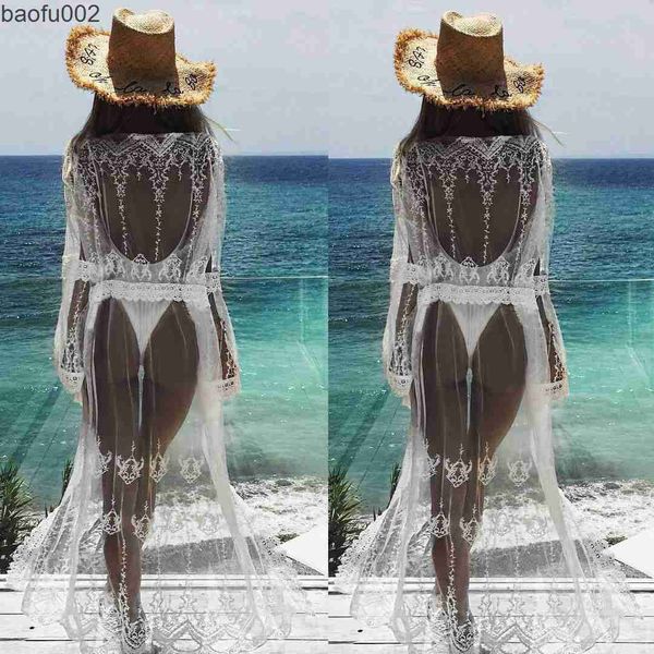 Vestidos casuales Verano Mujer Sarong Lace Maxi Bikini Cover Up Pareo vestido de playa blanco Gasa larga See Through Crochet Cardigan robe de plage W0315