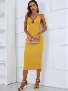 Vestidos casuales verano mujeres sexy v cuello amarillo bodycon vendaje vestido 2023 elegante media pantorrilla fiesta de noche brillante