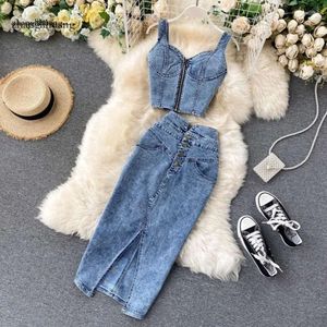 Casual jurken zomer vrouwen rok twee delige set sexy v-neck ctopped denim vest hoge taille rokken Koreaanse dames mouwloze pakken s s s s s s s s s s s s s