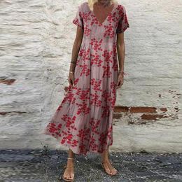 Robes décontractées Summer Femmes Sundress Bohème Floral Print Beach Maxi Robe Vintage V Cou À Manches Courtes Surdimensionné Kaftan Robe
