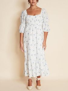 Casual jurken zomer dames lieverd nek 3/4 puff mouw vintage bloemenprint gesmokte details ruches ruche zoom elegante midi