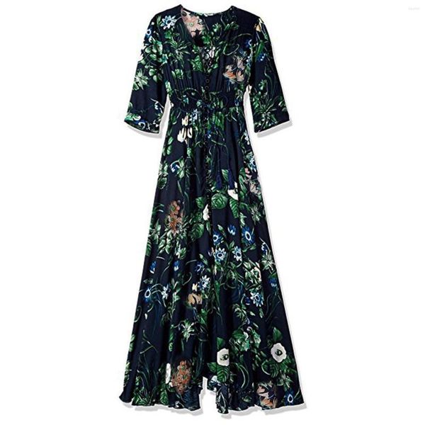 Vestidos casuales Verano Mujeres con cuello en V Maxi Vestido de fiesta Elegante Vintage Boho Estampado floral Big Swing Hem Long Gasa 2023